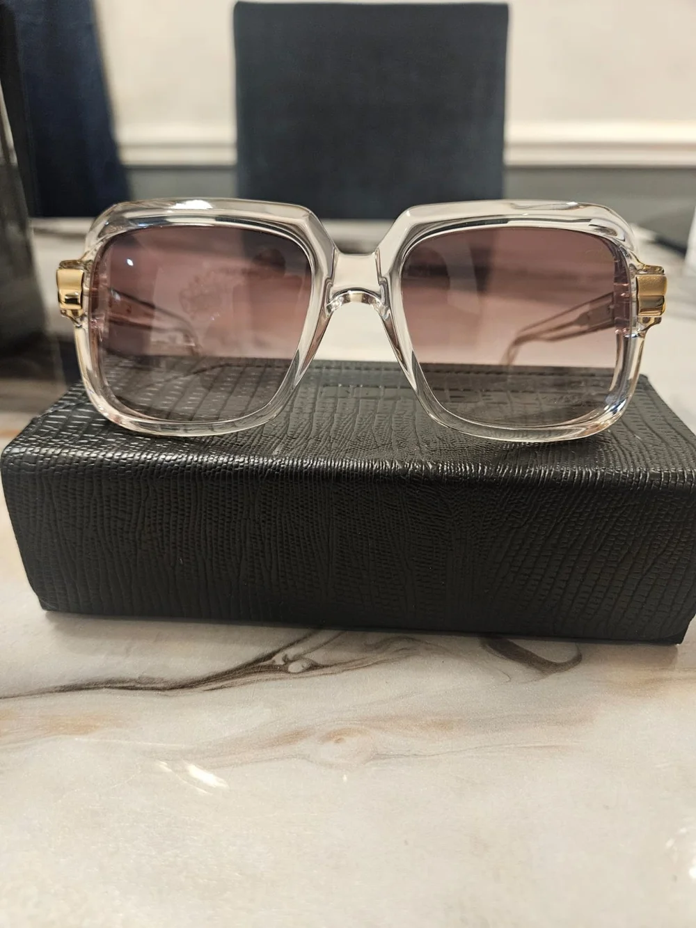 Cazal Clear Frame Sunglasses with Gold Temples and Gradient Brown Lenses